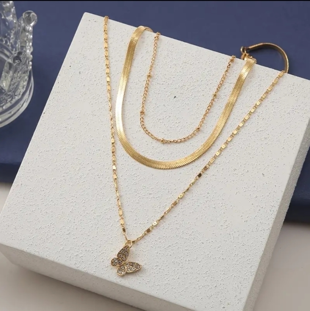 Necklace 3 layers gold plated with pendant and bracelet - Picture 2 of 3